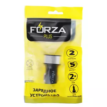 Зарядное устройство USB в прикуриватель FORZA 2 USB, 2А, пластик, металл