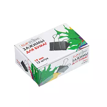 Зажимы для бумаг, металл, 19 мм, черные, 12 шт в картонной коробке ClipStudio