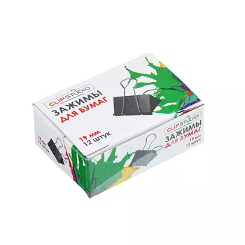 Зажимы для бумаг, металл, 19 мм, черные, 12 шт в картонной коробке ClipStudio