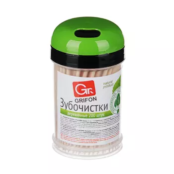 Зубочистки деревянные 200 шт в пластиковой баночке, GRIFON
