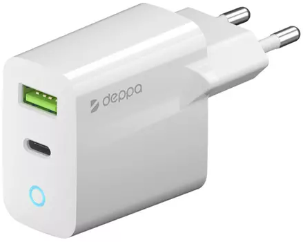 Сетевое зарядное устройство Deppa USB-C + USB A, PD 3.0, QC 3.0, 20 Вт белый