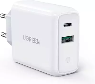Сетевое зарядное устройство UGREEN CD170 USB-C + USB-A, 38Вт, PD, GaN белый