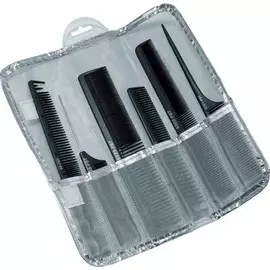 DEWAL PROFESSIONAL Набор расчесок в серебристом чехле, карбон, 6 предметов (черный)