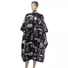 DEWAL PROFESSIONAL Пеньюар для стрижки Barber Style, полиэстер, на крючках, черный c рисунком 128х150 см