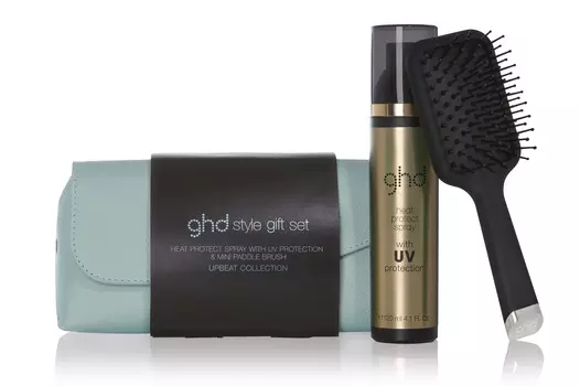 GHD Набор подарочный для стайлинга (плоская мини щетка, термозащитный спрей 120 мл, косметичка)