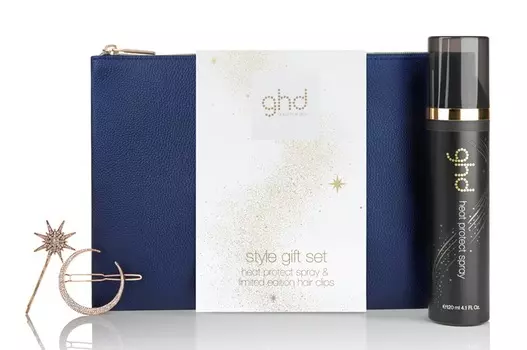 GHD Набор подарочный Загадай желание (термозащитный спрей 120 мл, две заколки для волос, темно-синяя сумочка для хранения аксессуаров) ghd
