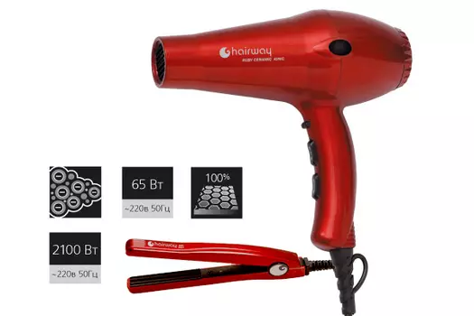 HAIRWAY Фен Ruby Ceramic 2100 W + Щипцы гофре мини Ruby Wavy 65 W (03049 + 04099)