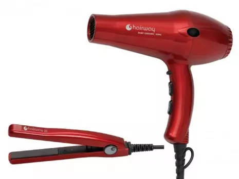 HAIRWAY Фен Ruby Ceramic Ionic красный 1900-2100W + Щипцы Ruby Iron 65W