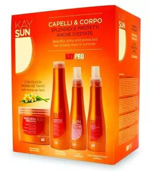KAYPRO Набор для волос (шампунь 300 мл, маска 500 мл, защитное масло 150 мл, защитный лосьон для загара 150 мл) / KAY SUN