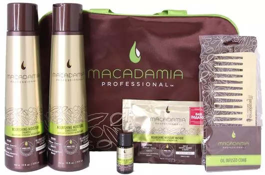 MACADAMIA PROFESSIONAL Набор новогодний Питание и увлажнение, в сумке (шампунь 300 мл, кондиционер 300 мл, маска 30 мл, уход 10 мл + гребень 1 шт)