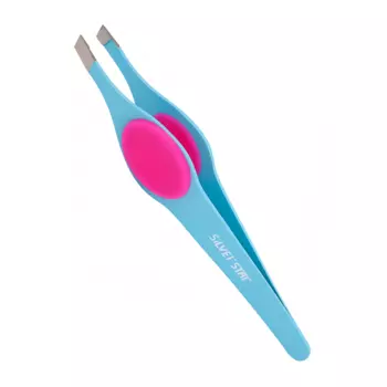 SILVER STAR Пинцет косой, силиконовая вставка, голубой / CLASSIC