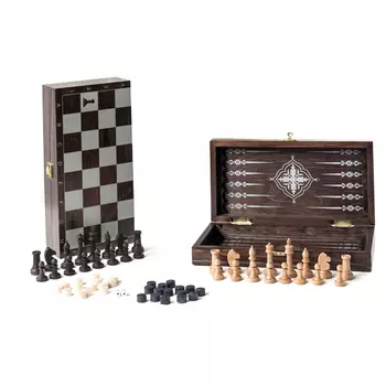 Игра 3в1 дорожная венге, рисунок серебро с обиходными буковыми шахматами (нарды, шахматы, шашки) "Классика" (290*145*40)