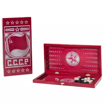 Нарды малые малиновые, рисунок серебро "С.С.С.Р" (400*200*40)