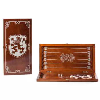 Нарды средние светло-коричневые, рисунок серебро "Герб" (480*240*40)