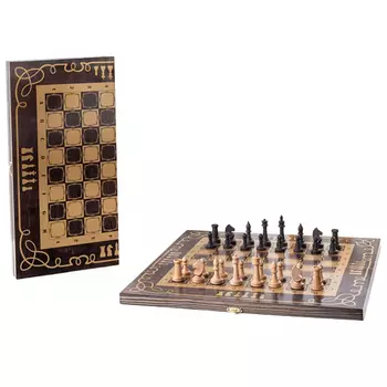 Шахматы обиходные буковые с малой деревянной венге доской, рисунок золото "Орнамент" (400*200*40)