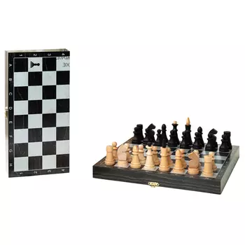 Шахматы обиходные деревянные "Объедовские" с дорожной деревянной черной доской, рисунок серебро "Классика" (290*145*40)