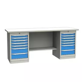 GARWIN 004101-4 Верстак двухтумбовый с 7+7 ящиками с оцинкованной столешницей 2000 мм (синий RAL5005)