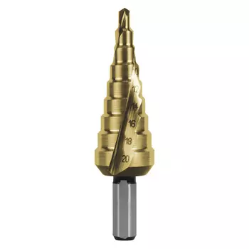 RUKO RK-101051T Сверло ступенчатое 4,0-20,0 мм, 9 ступеней, HSS, 118°, HZ, TiN, со спиралевидной канавкой