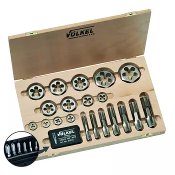 VOLKEL VO-48648 Набор метчиков комбинированных и шестигранных плашек G(BSP) 1/8-1“, 12 предметов, деревянный кейс