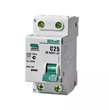 Автоматический выключатель дифференциального тока DEKraft ДИФ-102 1P+N C 25А 30мА тип AC 4.5кА