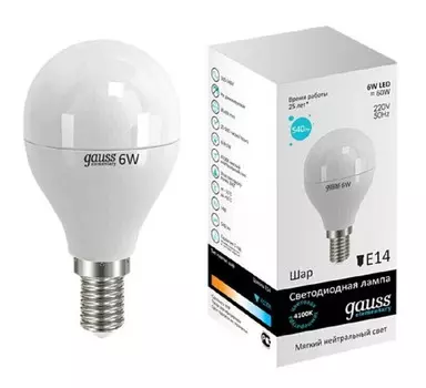 Gauss LED Elementary Globe 6W E14 4100K, Лампа