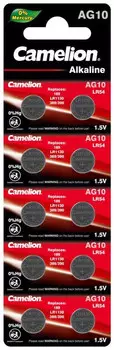 Элемент питания алкалиновый "таблетка" G10 Mercury Free AG10-BP0%Hg 389A/LR1130/189 BL-10 (блист.10шт) Camelion 12818