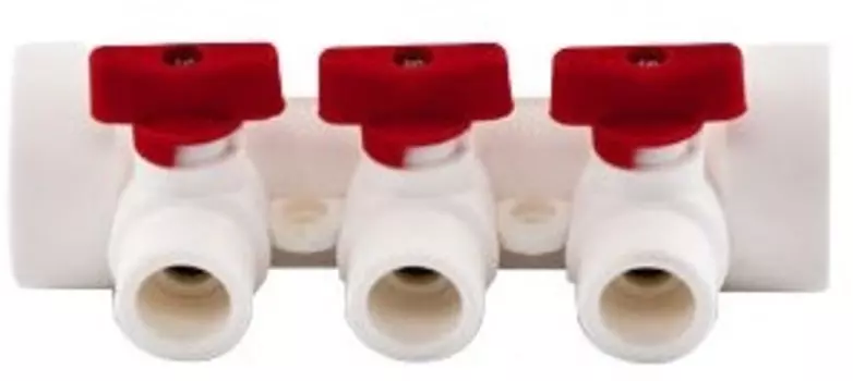 Коллектор полипропиленовый на 3 выхода с красными кранами