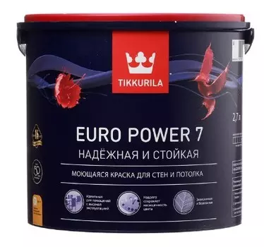 Краска водно-дисперсионная Tikkurila Euro Power 7 моющаяся белая основа А 2.7 л