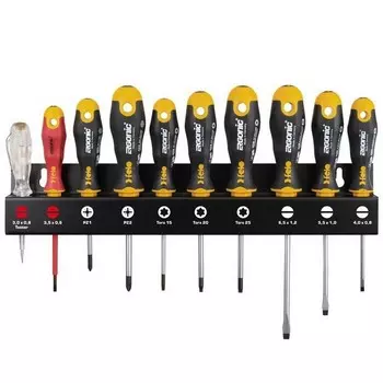 Набор отверток Felo Ergonic SL/PZ/Tx с отвертокрй VDE и отверткой тестером 10 шт на стальной стойке