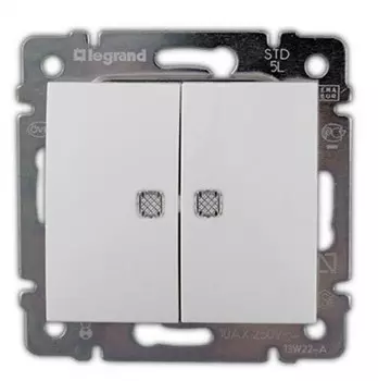 Выключатель двухклавишный проходной с подсветкой LeGrand Valena с 2-х мест 10А/250В белый глянец 774212