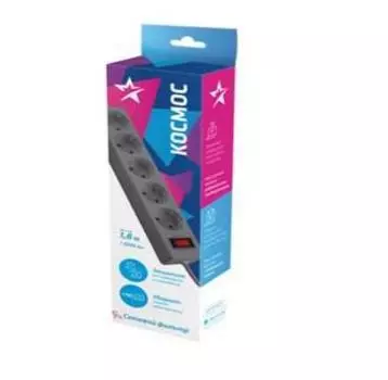 Удлинитель бытовой Космос 5х1.8м с заземлением 10А IP20 2.2кВт индикатор сети серый