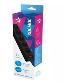 Удлинитель бытовой Космос 5х3м с заземлением 10А IP20 2.2кВт индикатор сети черный
