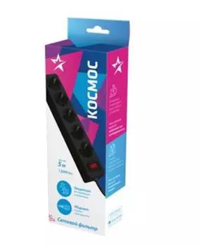 Удлинитель бытовой Космос 5х5м с заземлением 10А IP20 2.2кВт индикатор сети черный