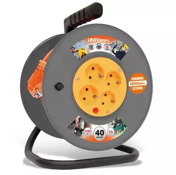 Удлинитель силовой на катушке UNIVersal ВЕМ-250 9634155 ПВС с термовыключателем 4 розетки с защитными шторками и заземлением 3х0.75 2200 Вт IP20 50 м