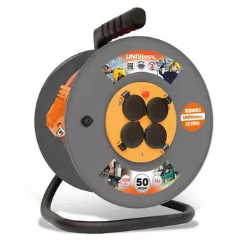 Удлинитель силовой на катушке UNIVersal ВЕМ-250 9634175 ПВС с термовыключателем 4 розетки с защитной крышкой и заземлением 3х1.5 3500 Вт IP44 40 м