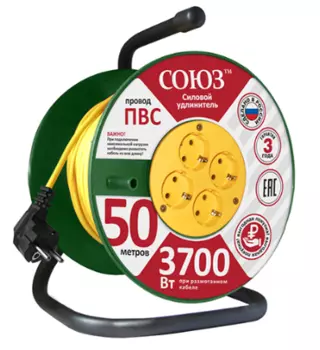 Удлинитель силовой СОЮЗ на катушке ПВС 3х1.5 4 розетки 3700 Вт 50 м