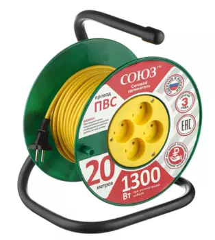 Удлинитель силовой Союз на катушке 4 розетки 1300 Вт 20 м