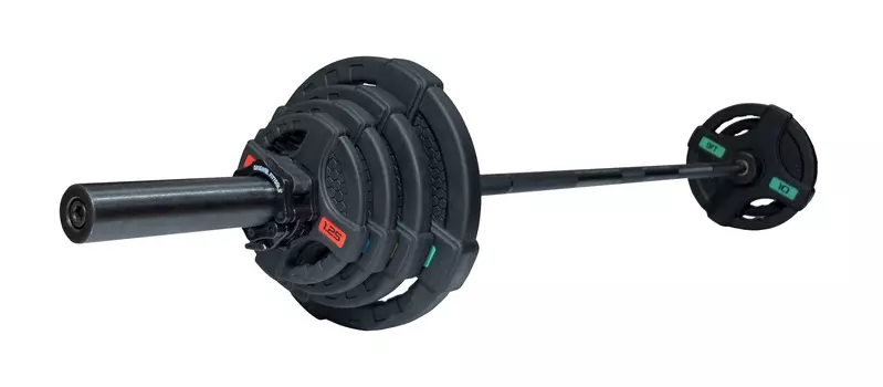 Штанга олимпийская OriginalFitTools 58 кг (диски с двумя хватами, черный гриф)