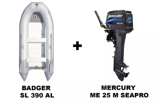 Лодка ПВХ BADGER SL 390 AL + 2х-тактный лодочный мотор MERCURY ME 25 M SEAPRO