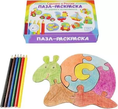 1TOY Деревянный пазл-раскраска "Улитка", 8 элементов