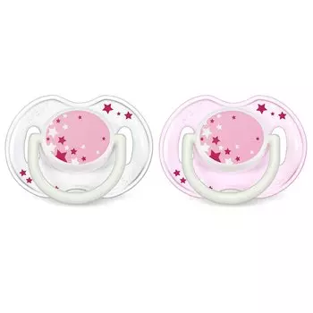 Avent Пустышка силиконовая ночная, 0-6 месяцев, 2 штуки, цвет розовый
