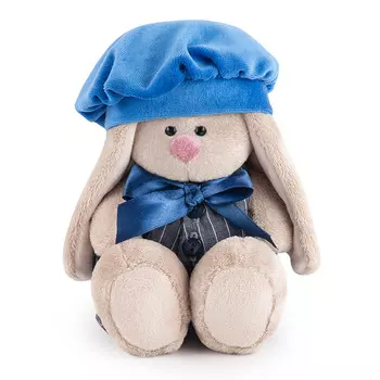 BUDI BASA Мягкая игрушка Зайка Ми в сером комбинезоне с синим беретом, 15 см