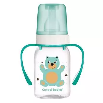 Canpol Бутылочка тритановая (BPA 0%) Cheerful animals с ручками и силиконовой соской, 120 мл., 3м+, бирюзовый