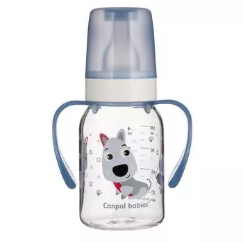 Canpol Бутылочка тритановая (BPA 0%) Cheerful animals с ручками и силиконовой соской, 120 мл., 3м+, синий