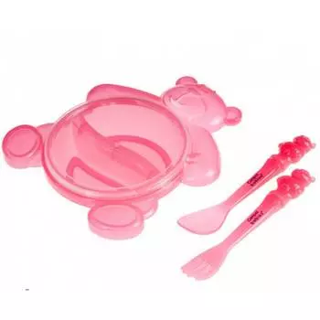 Canpol Тарелка с крышкой, вилкой и ложкой Медвежонок, 2/422, 6+ мес., розовая