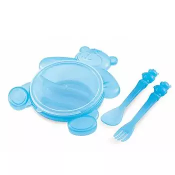 Canpol Тарелка с крышкой, вилкой и ложкой Медвежонок, 2/422, 6+ мес., голубая