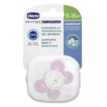 Chicco Пустышка Physio Comfort силиконовая, 6-16 мес., котик, розовая