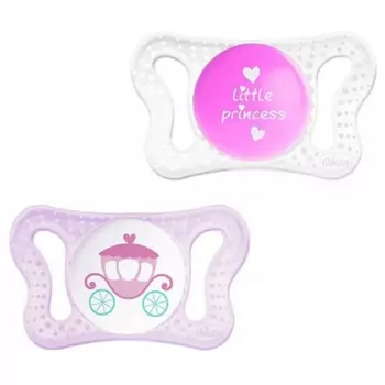 Chicco Пустышка силиконовая Micro для принцессы, 0-2 месяца, 2 штуки, карета и нейтральный