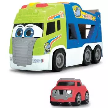Dickie Транспортер Happy Scania + 1 машинка и платформа для выгрузки машинки, свет и звук, 42 см