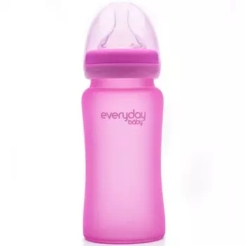 Everyday Baby Бутылочка стеклянная с индикатором температуры и защитным силиконовым покрытием, 240 мл, розовый